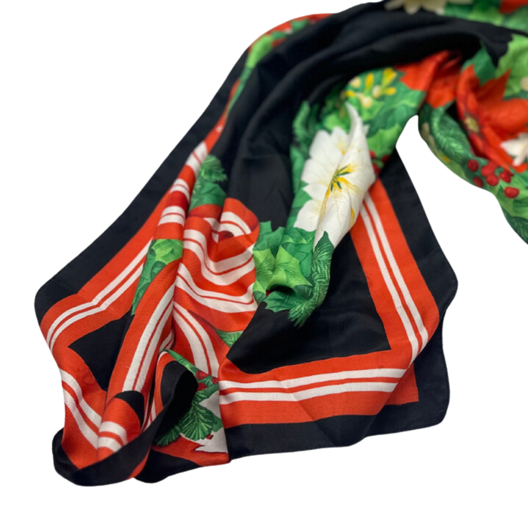 Festive Poinsettia Print Silk Scarf - Red, Green, and White Floral Design - Swaggy Steals