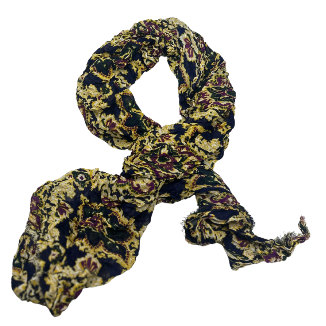 Vintage-Inspired Floral Crinkled Scarf – Rich Gold and Navy Tones for a Bold Look - Swaggy Steals