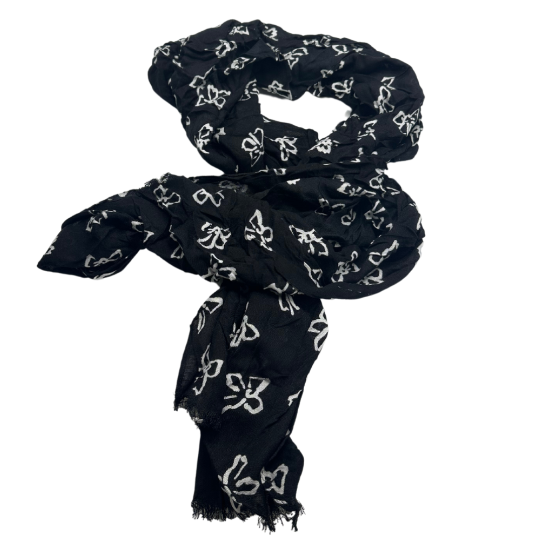 Black Crinkled Scarf with White Bow Pattern – Chic and Lightweight Accessory - Swaggy Steals