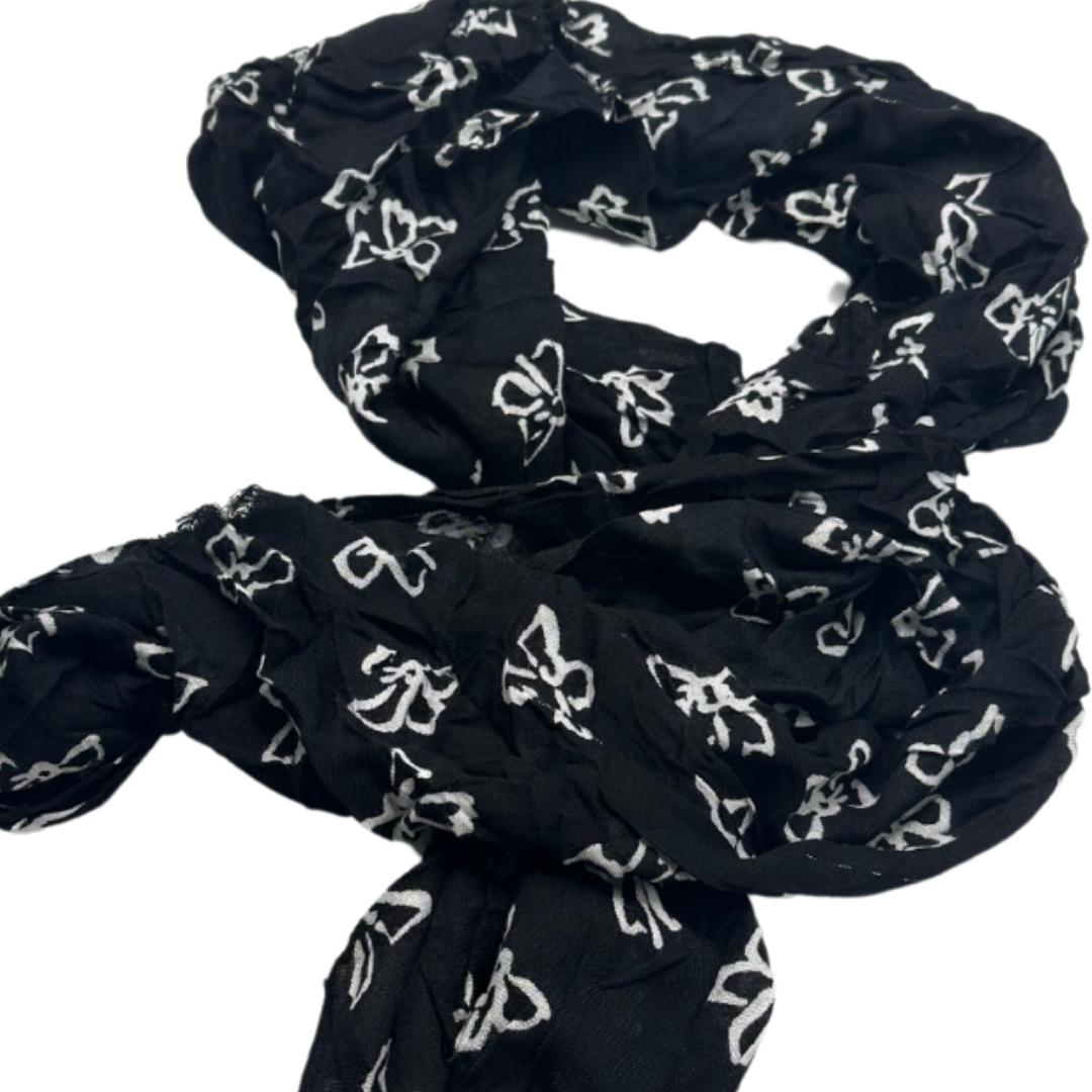 Black Crinkled Scarf with White Bow Pattern – Chic and Lightweight Accessory - Swaggy Steals