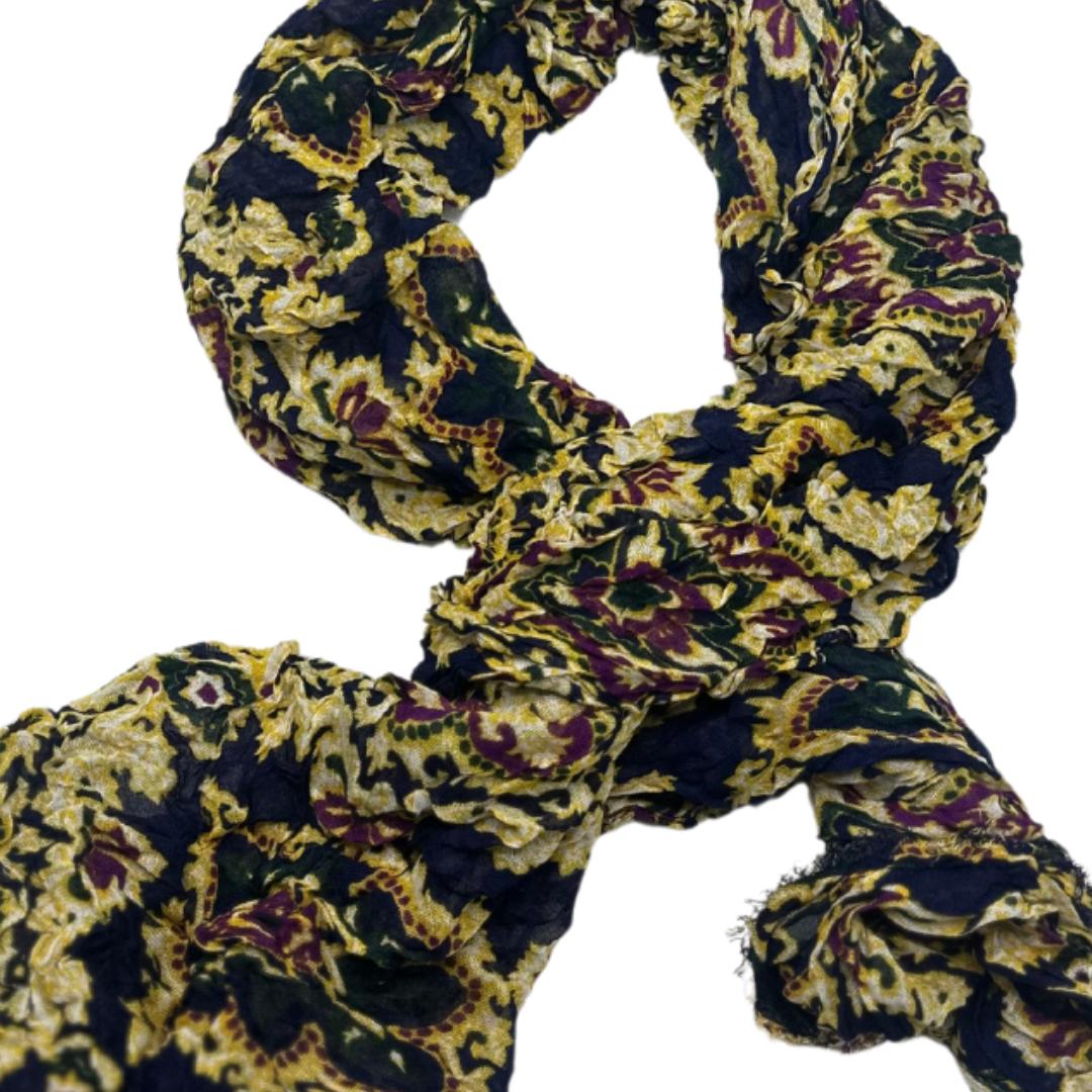 Vintage-Inspired Floral Crinkled Scarf – Rich Gold and Navy Tones for a Bold Look - Swaggy Steals