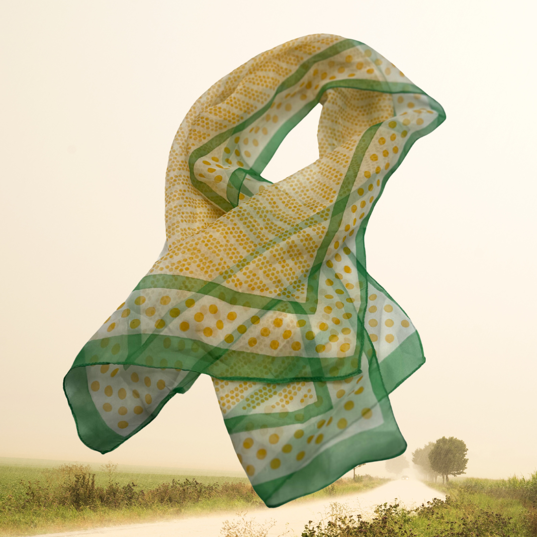 Chic Yellow Polka Dot Silk Scarf with Green Border - Lightweight and Stylish - Swaggy Steals