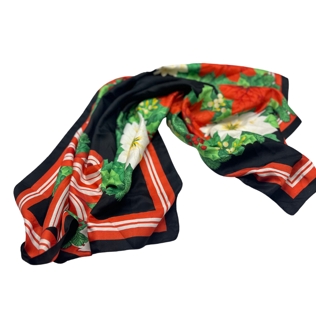 Festive Poinsettia Print Silk Scarf - Red, Green, and White Floral Design - Swaggy Steals