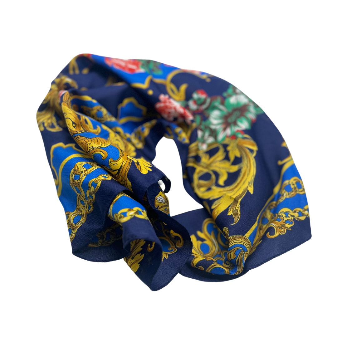 Elegant Navy Blue and Gold Silk Scarf - Baroque Floral Design - Swaggy Steals