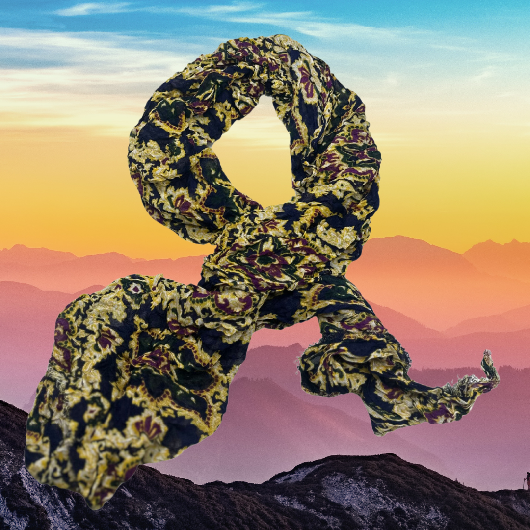 Vintage-Inspired Floral Crinkled Scarf – Rich Gold and Navy Tones for a Bold Look - Swaggy Steals