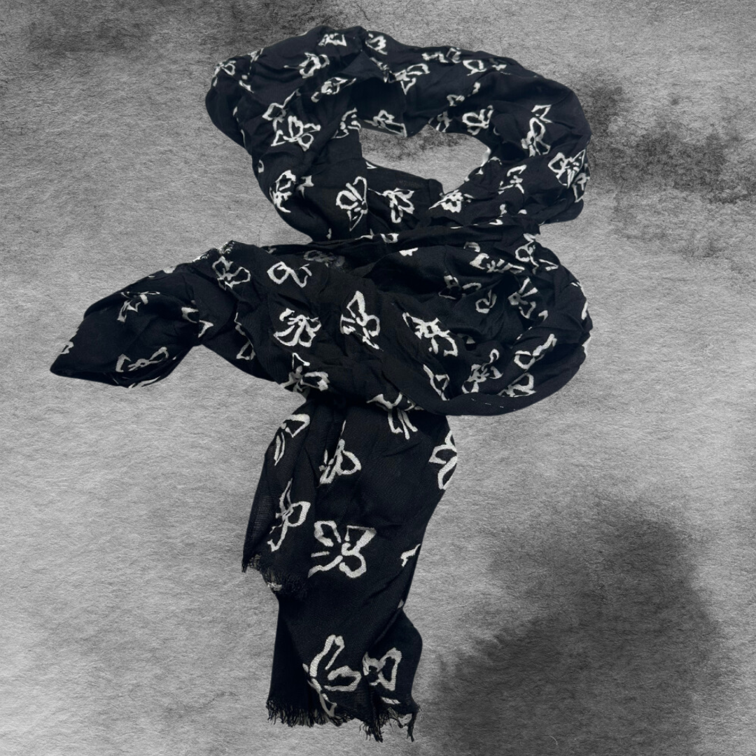 Black Crinkled Scarf with White Bow Pattern – Chic and Lightweight Accessory - Swaggy Steals
