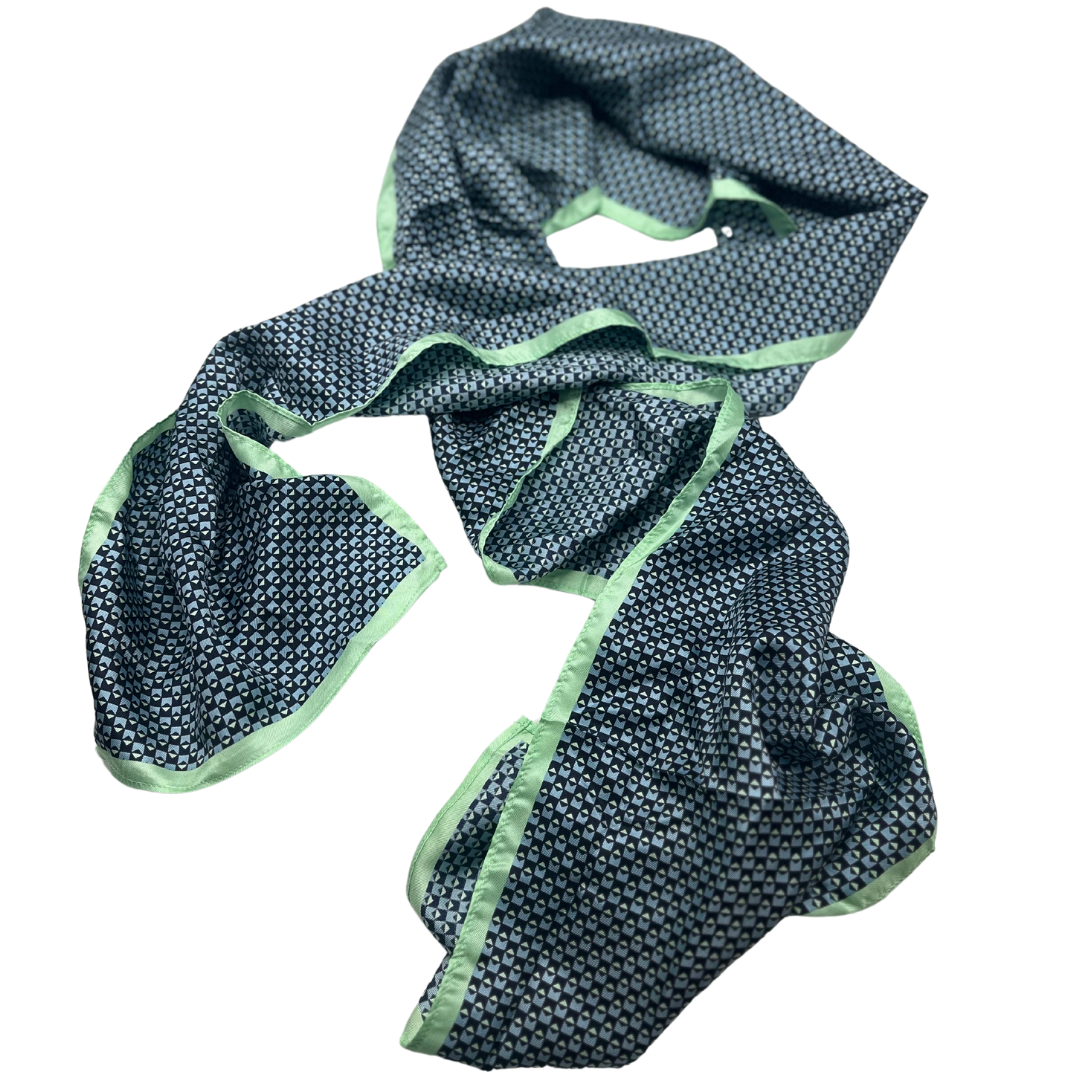 Luxurious Blue, Black, and Green Silk Scarf - Geometric Print with Satin Trim - Swaggy Steals