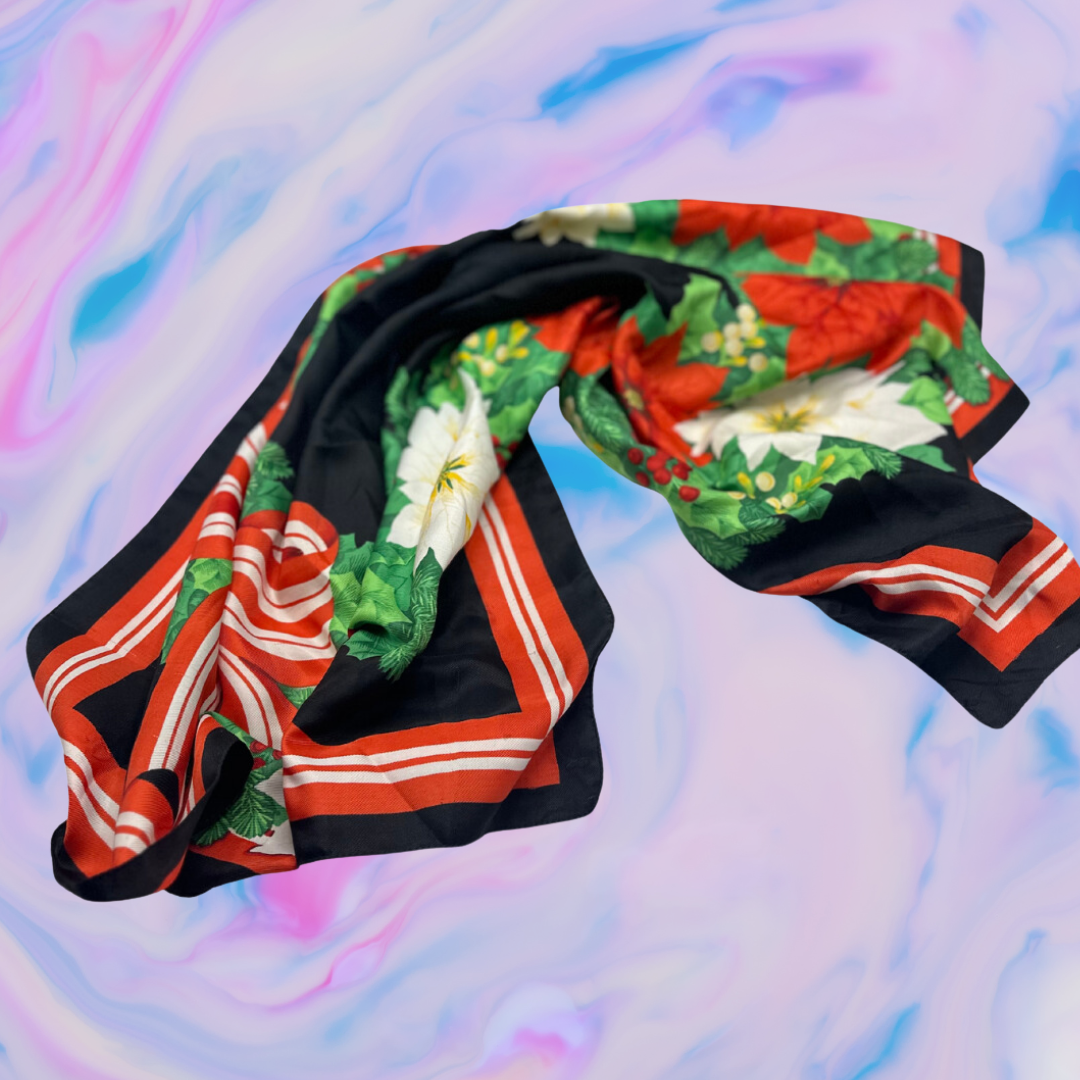 Festive Poinsettia Print Silk Scarf - Red, Green, and White Floral Design - Swaggy Steals