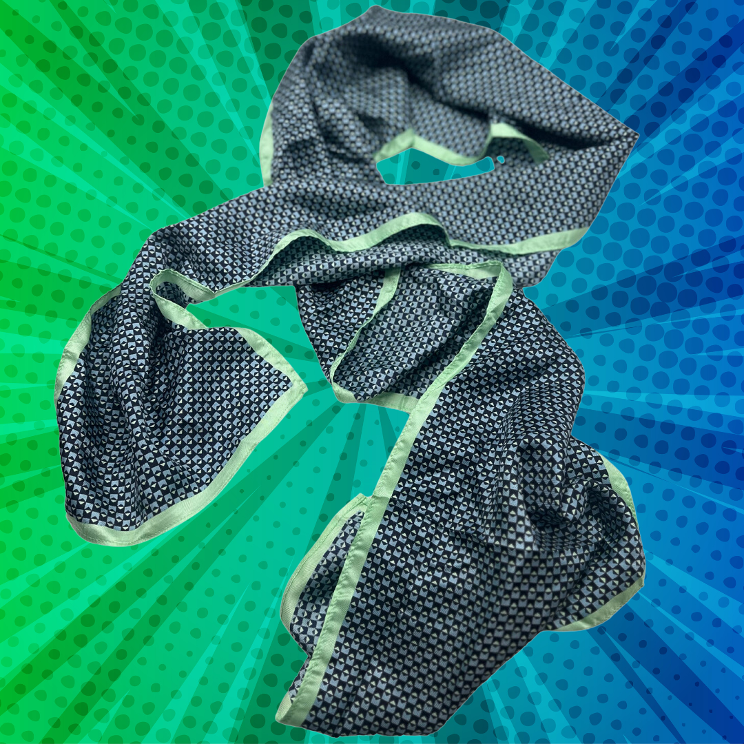 Luxurious Blue, Black, and Green Silk Scarf - Geometric Print with Satin Trim - Swaggy Steals