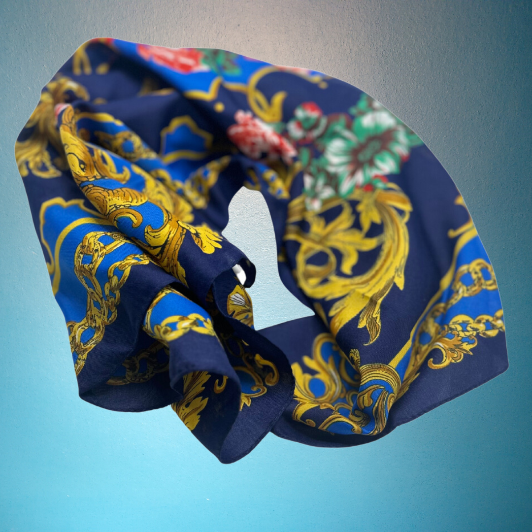 Elegant Navy Blue and Gold Silk Scarf - Baroque Floral Design - Swaggy Steals