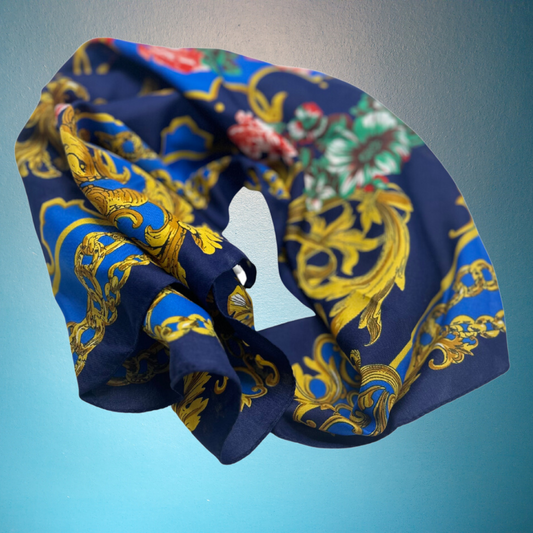 Elegant Navy Blue and Gold Silk Scarf - Baroque Floral Design - Swaggy Steals